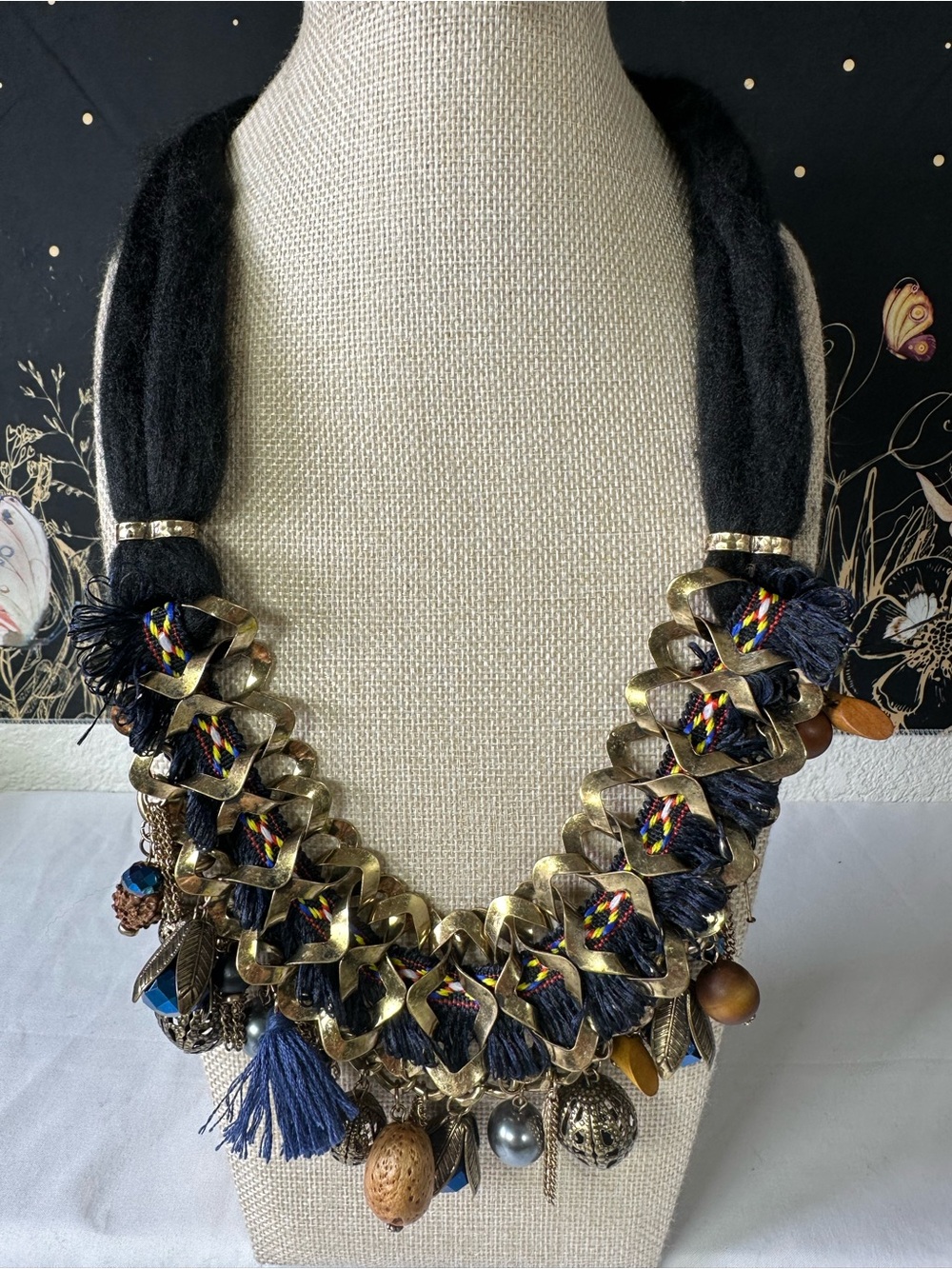 Makarlon Bohemian Statement Black & Vintage Gold Mixed-Media Necklace